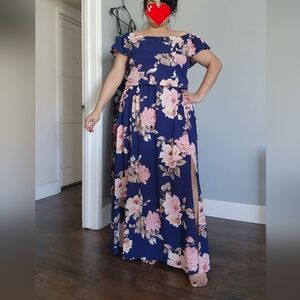 Premier Navy Off-Shoulder Maxi Dress with Pink Floral Print